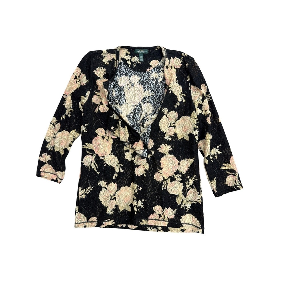 Lauren Ralph Lauren Floral Lace Open Front Cardigan Black Cream Ruffle Size L